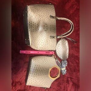 3 pieces Gold Ostrich-Embossed Shoulder Bag & Crossbody Set